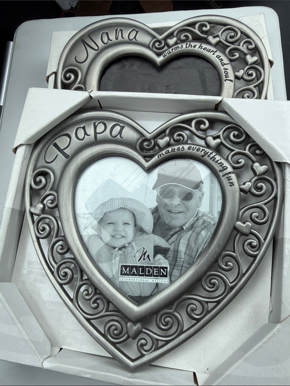 Malden Silver Heart Frames (2) with 'Papa' and 'Nana' Scrollwork